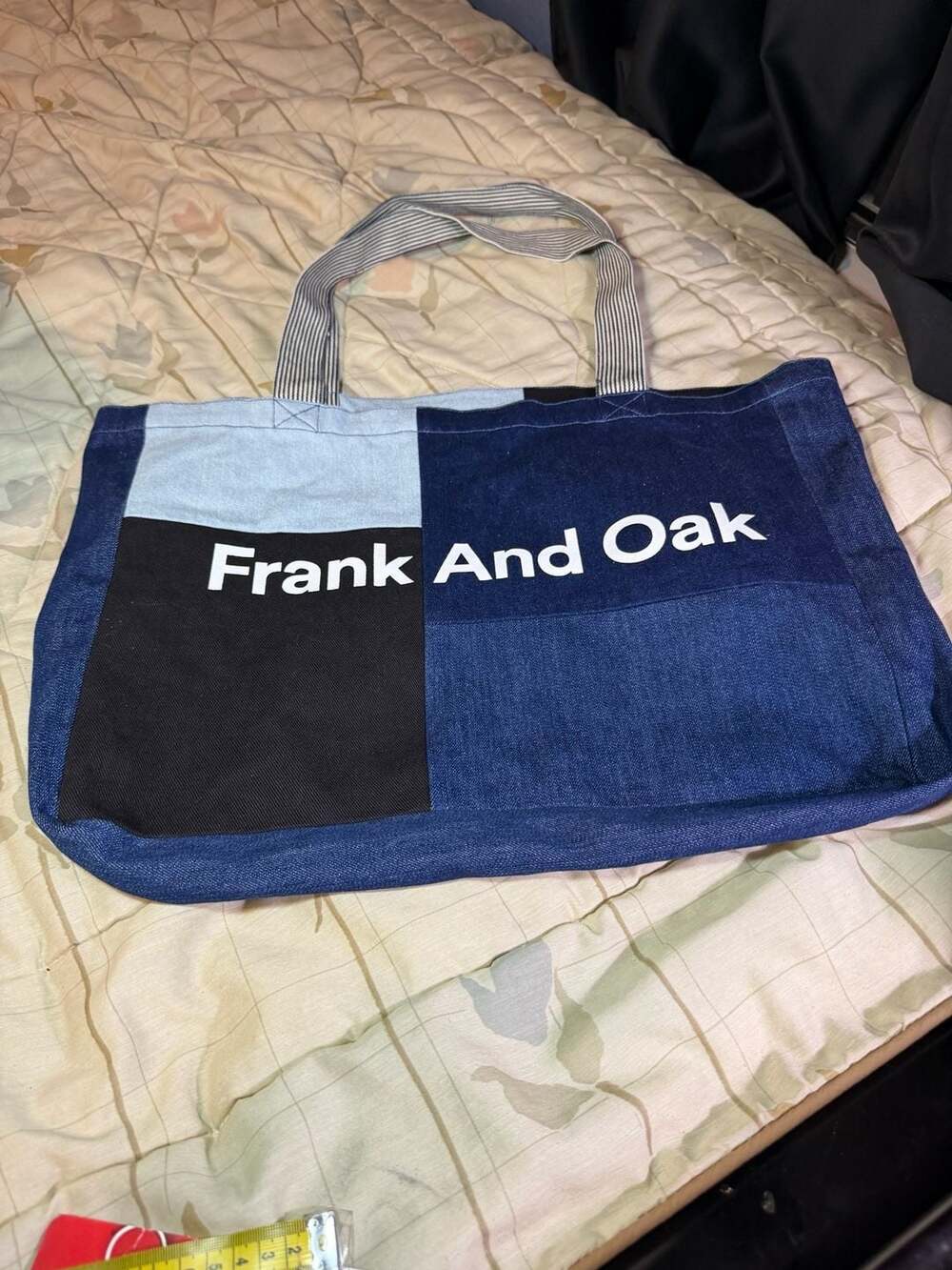 Frank And Oak Colorblock Denim Patchwork Tote Bag with Striped Handles
